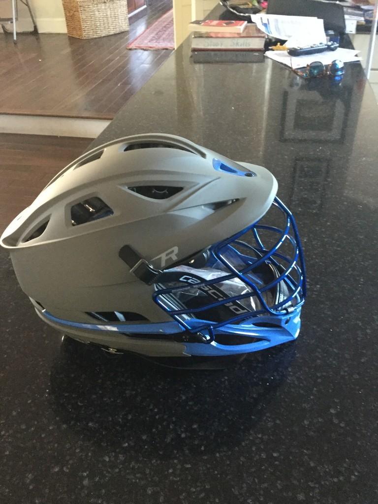 UNC Grey Matte R Cascase with Blue Chrome Mask, lacrosse helmet