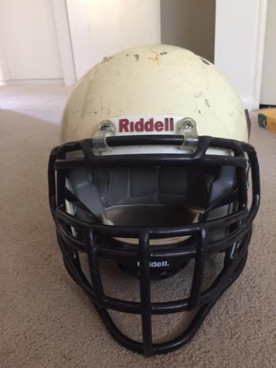 White riddell revolution speed helmet with blue lineman facemask SOLD