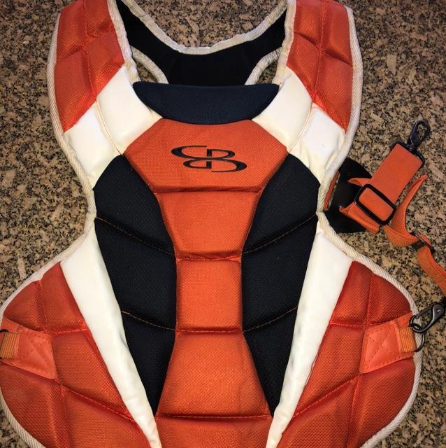 Boombah orange and navy blue catchers equipment. BRAND NEW HELMET
