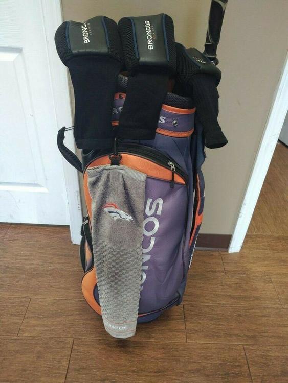 Nfl Denver Broncos Golf Cart Bag 14 Dividers W Raincover Headcovers Tees Towel
