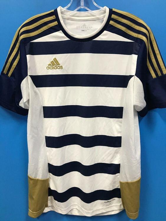 NEW Adidas 100% Polyester Climacool Youth Soccer Jersey Color White Navy Gold NEW Adidas 100% Polyester Climacool Youth Soccer Jersey Color White Navy Gold