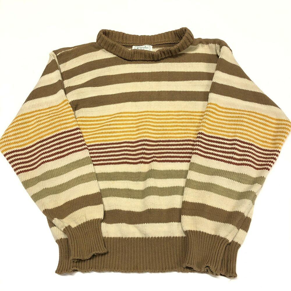 Vintage 90s Benetton Striped Sweater Mens Adult Small Beige Vintage 90s Benetton Striped Sweater Mens Adult Small Beige