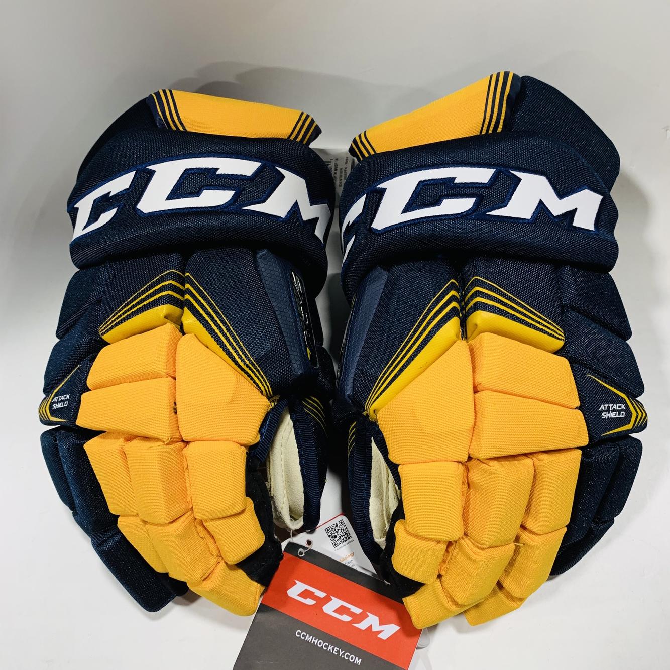 Navy, Gold, & White Senior CCM Super Tacks 14" Gloves SidelineSwap