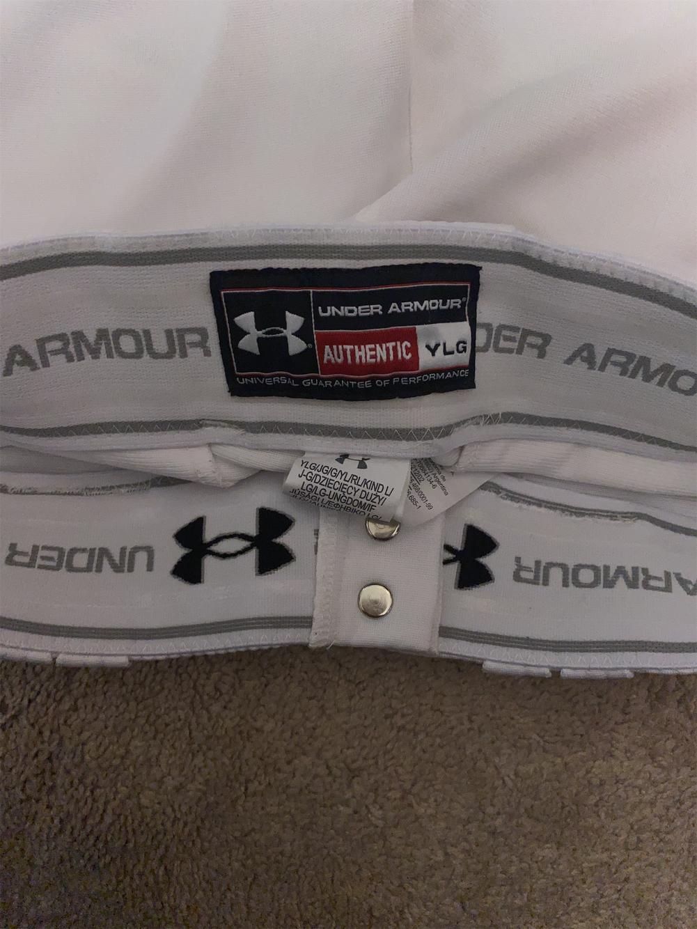 White Youth Large Under Armour Baseball Pants (with royal blue piping