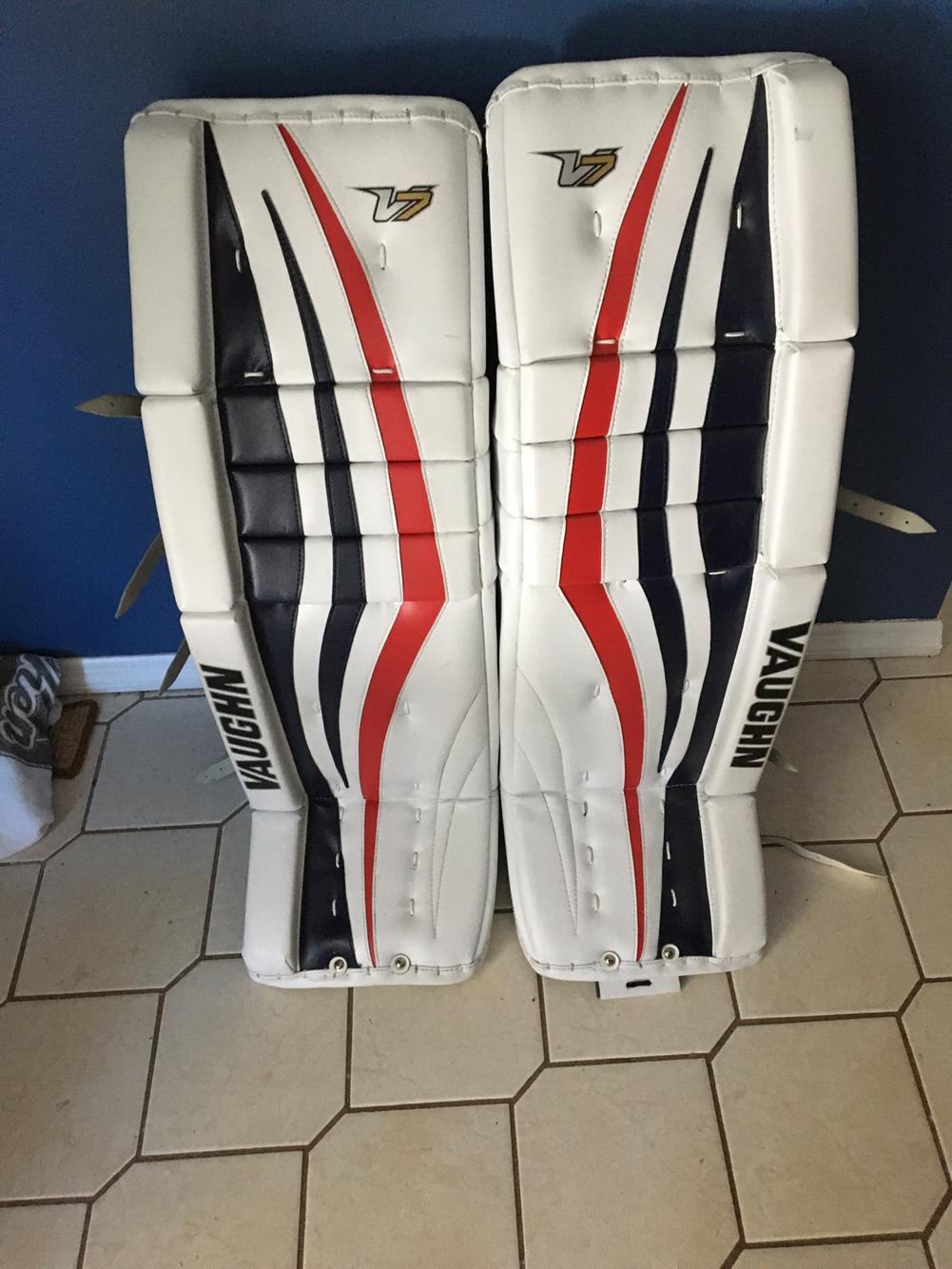 Vaughn V7 XF Pro Senior Goalie Pads Size 35”+2” (White/ Red/ Navy Blue