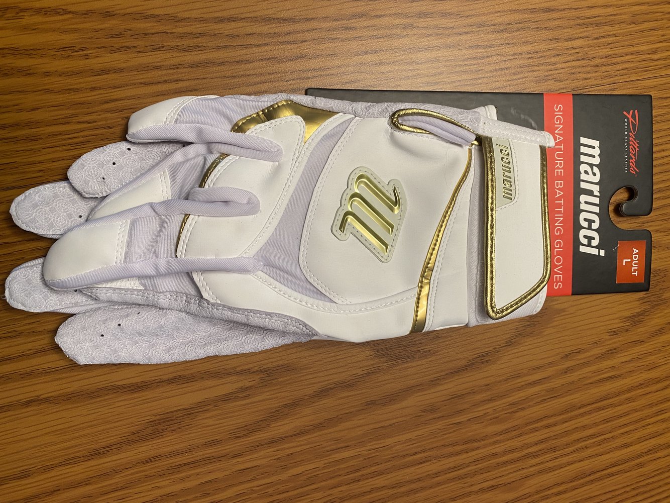 White with Gold trim New Large Marucci Signature Batting Gloves
