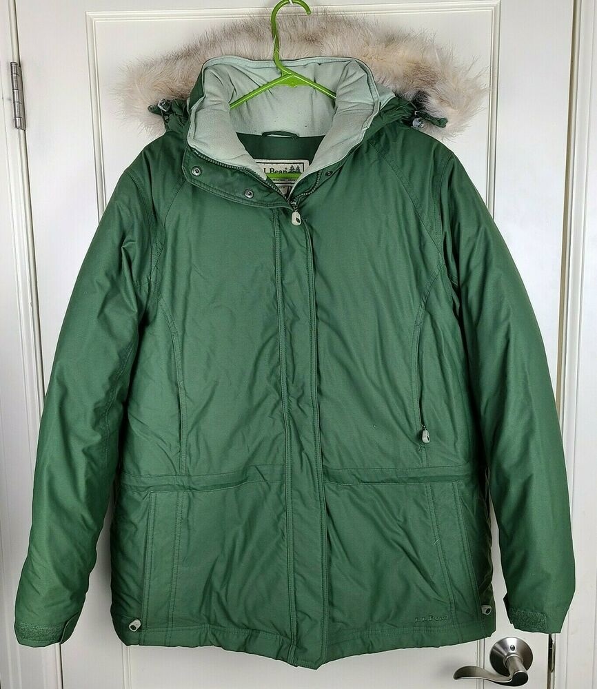 LL Bean Women's Goose Down Jacket Removable Hood Faux Fur Trim Green