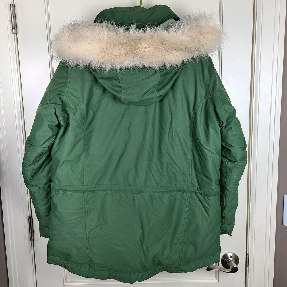 LL Bean Women's Goose Down Jacket Removable Hood Faux Fur Trim Green
