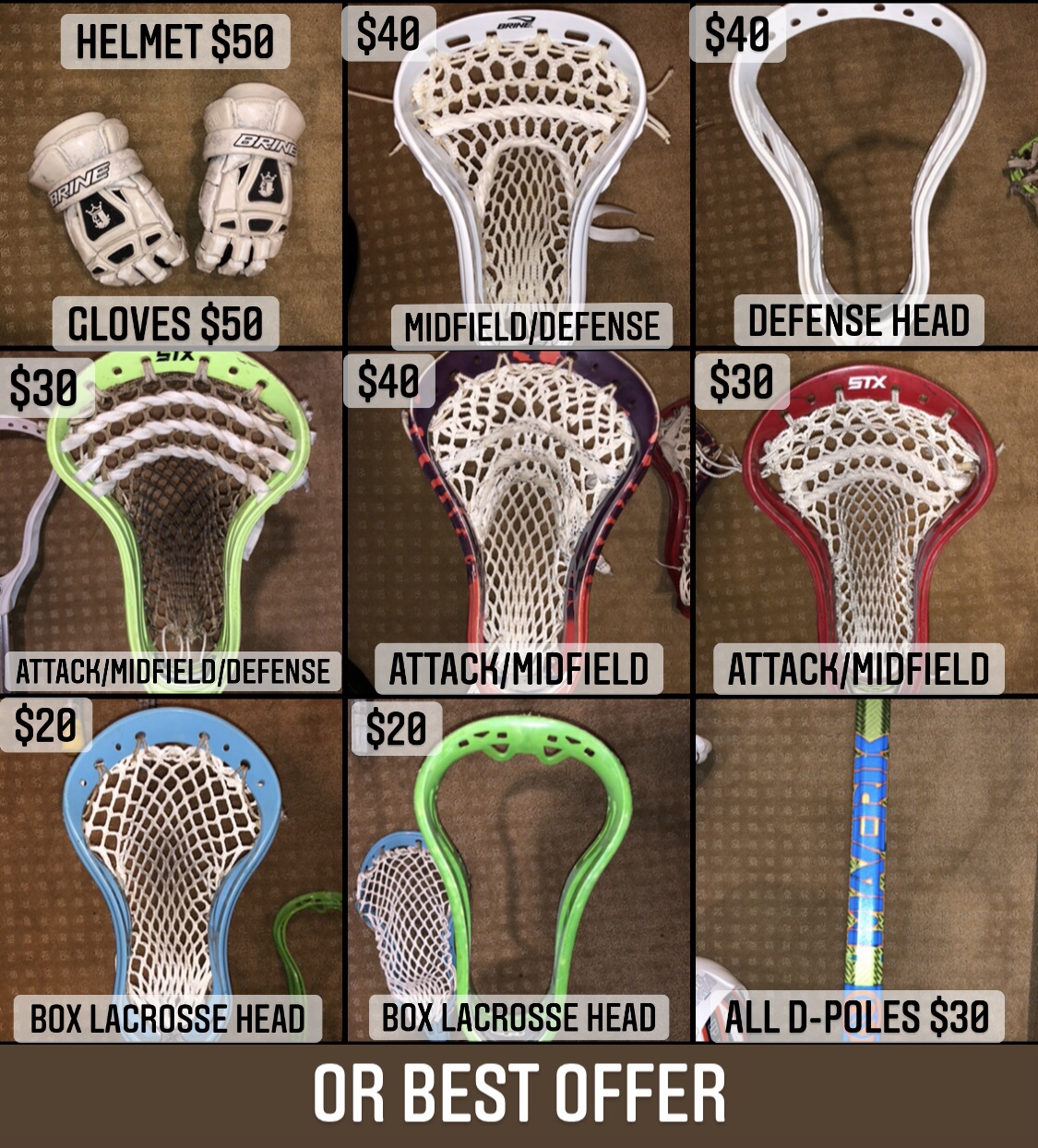 Used Mens Lacrosse Heads, DPole Shafts, Gloves, Helmet SidelineSwap