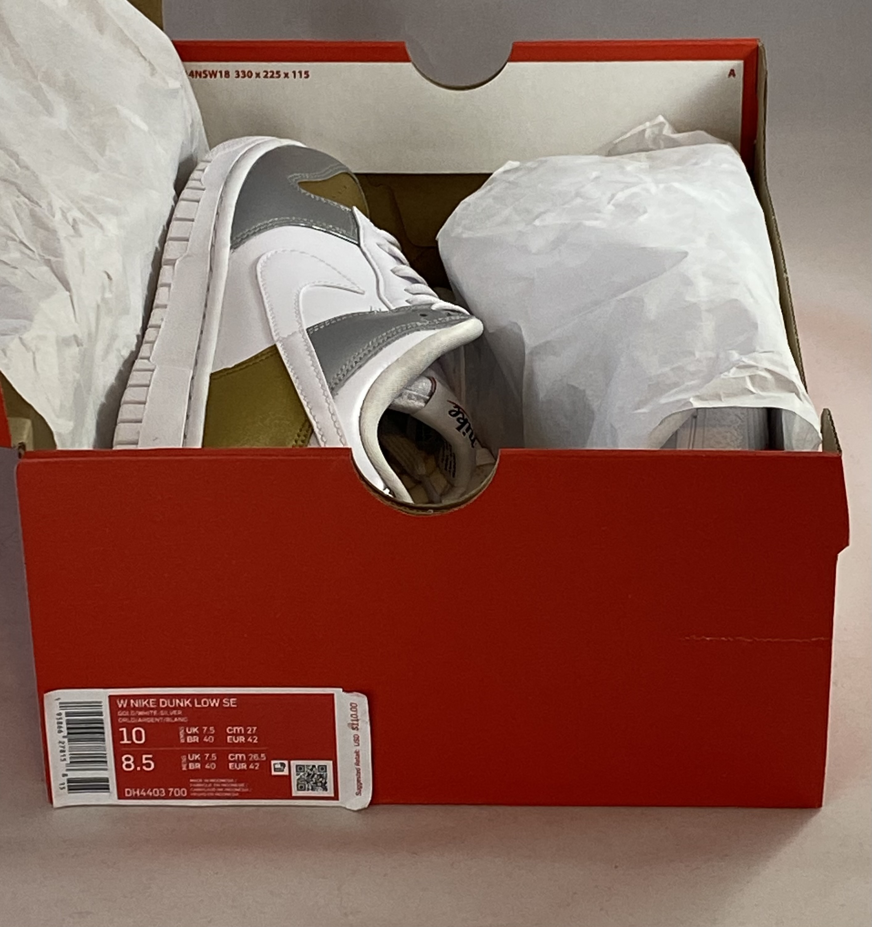 W NIKE Dunk Low SE "Silver Gold Metallic" Women's Size 10W/8.5M White Shoes New SidelineSwap