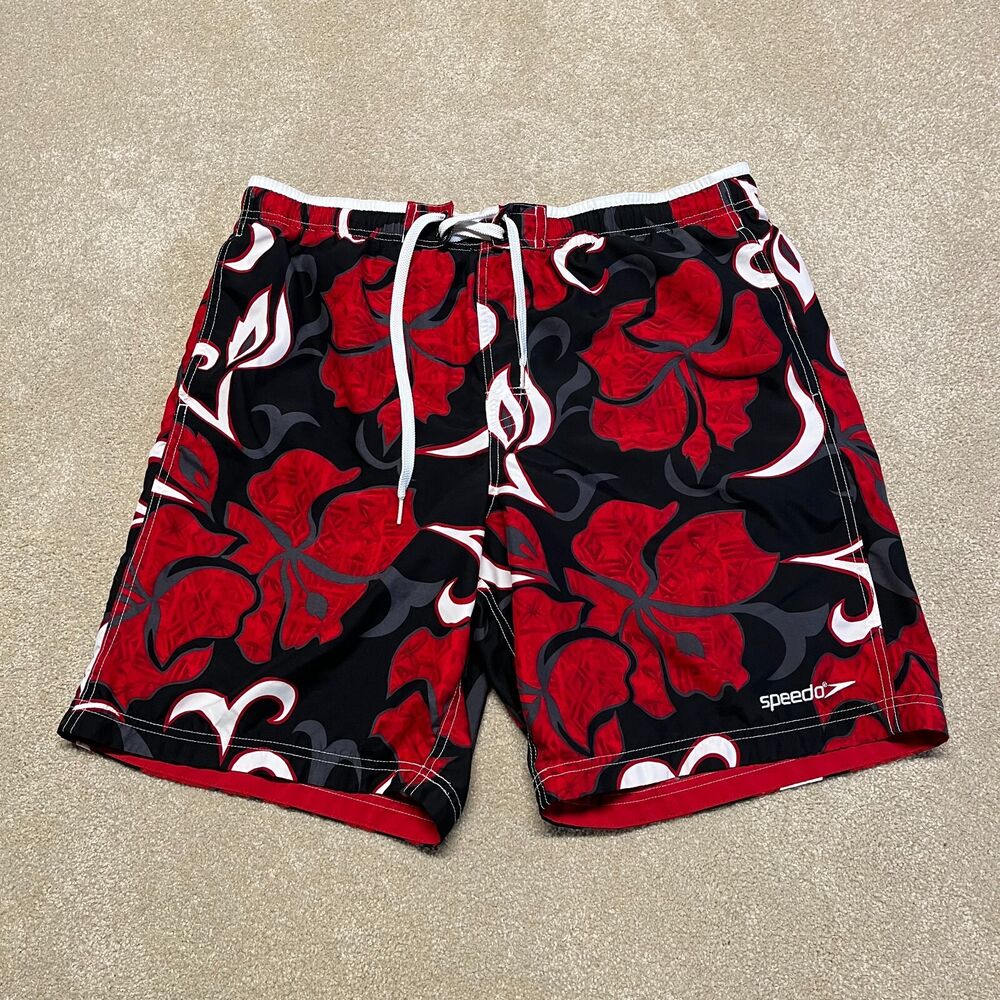 Speedo Swim Trunks Men Medium Adult Red Floral Patterned Bathing Suit