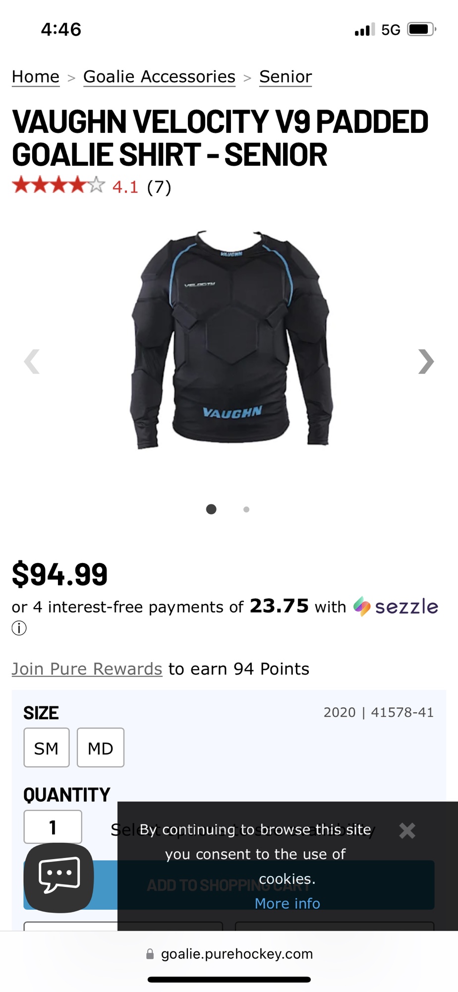 Vaughn V9 Goalie Padded Undershirt Large SidelineSwap