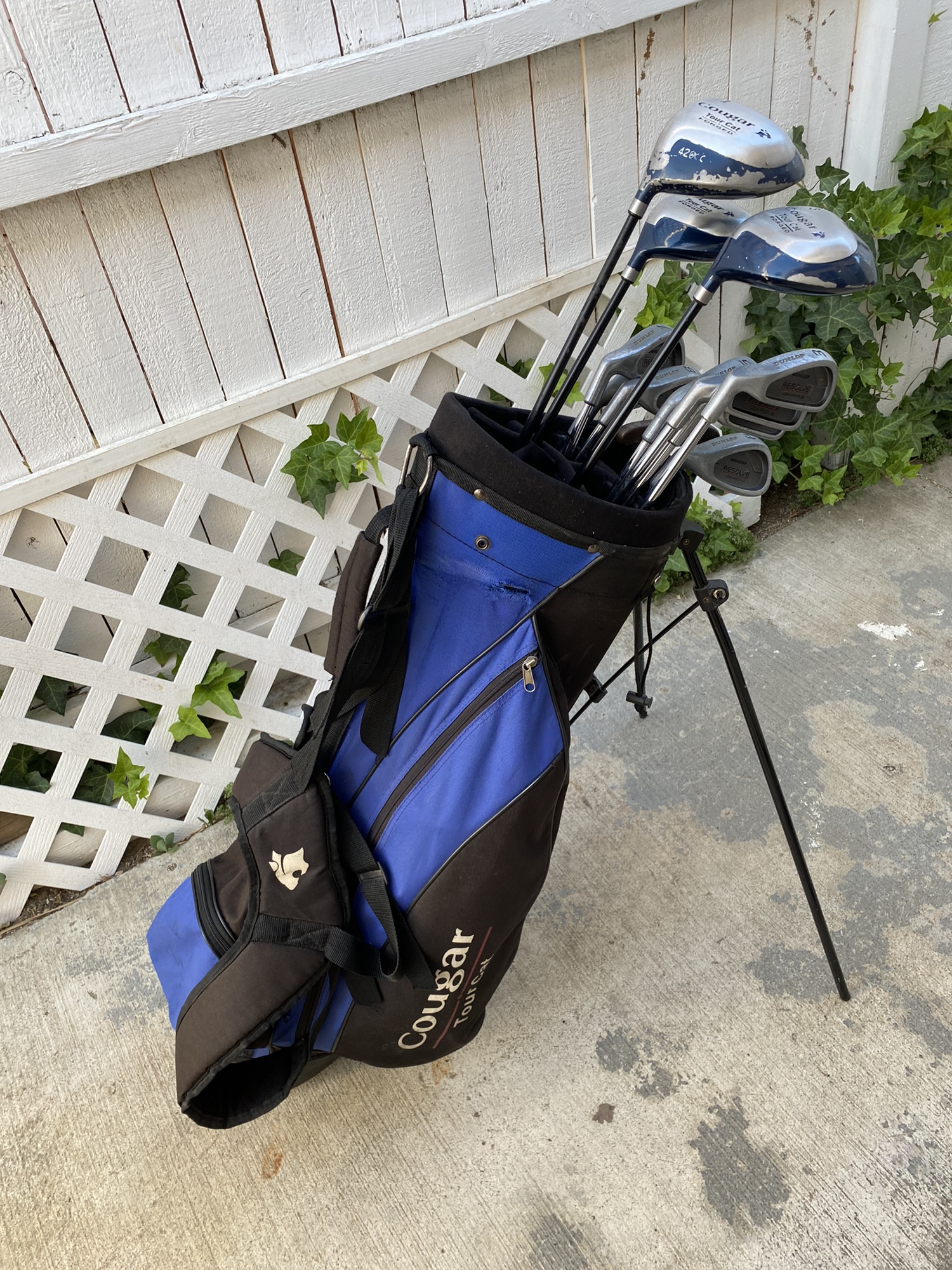 Left handed complete Dunlop and cougar golf club set with bag