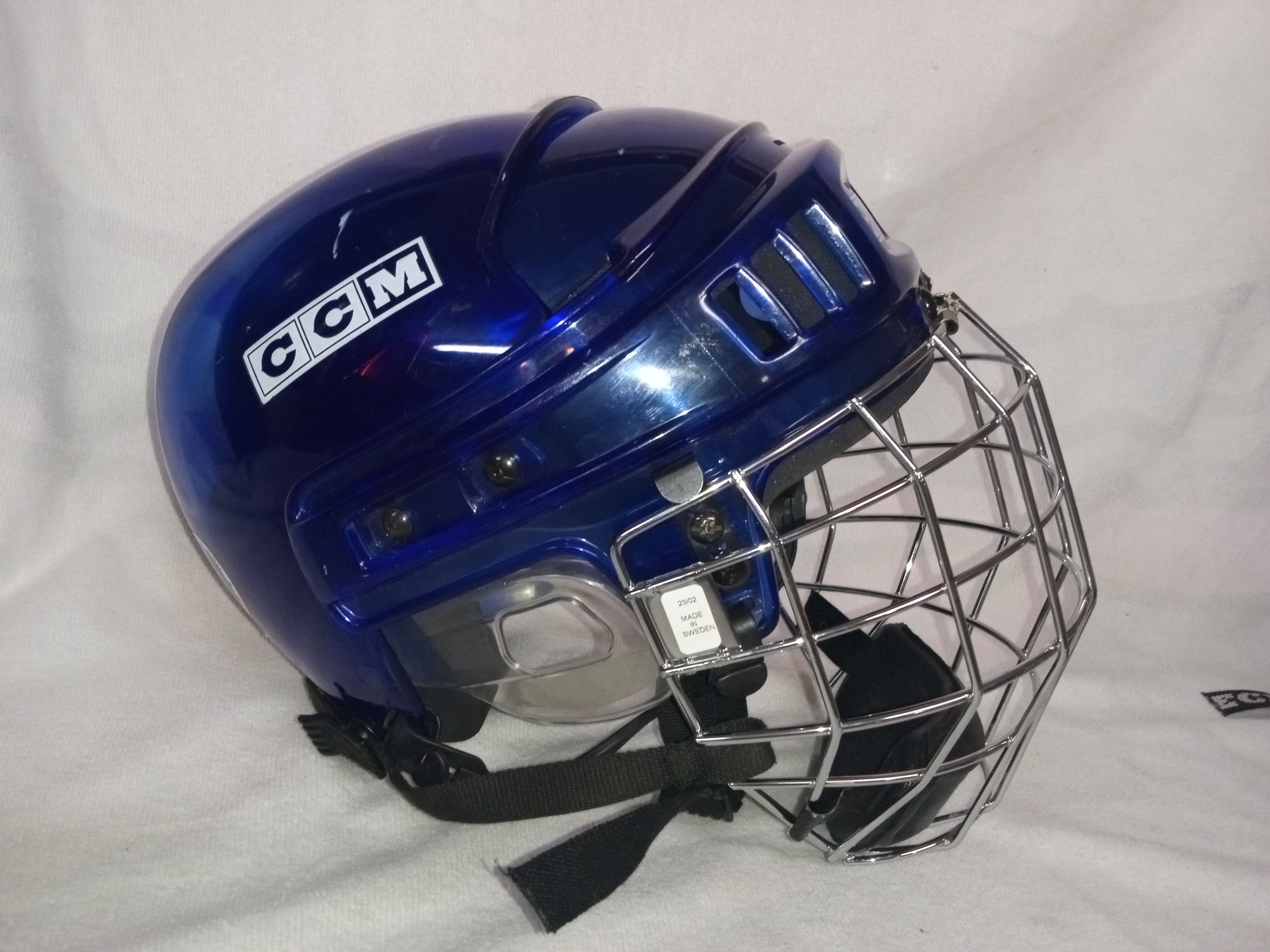 CCM HT2 XRay Hockey Helmet CLEAR Blue Chrome Cage Size medium SidelineSwap