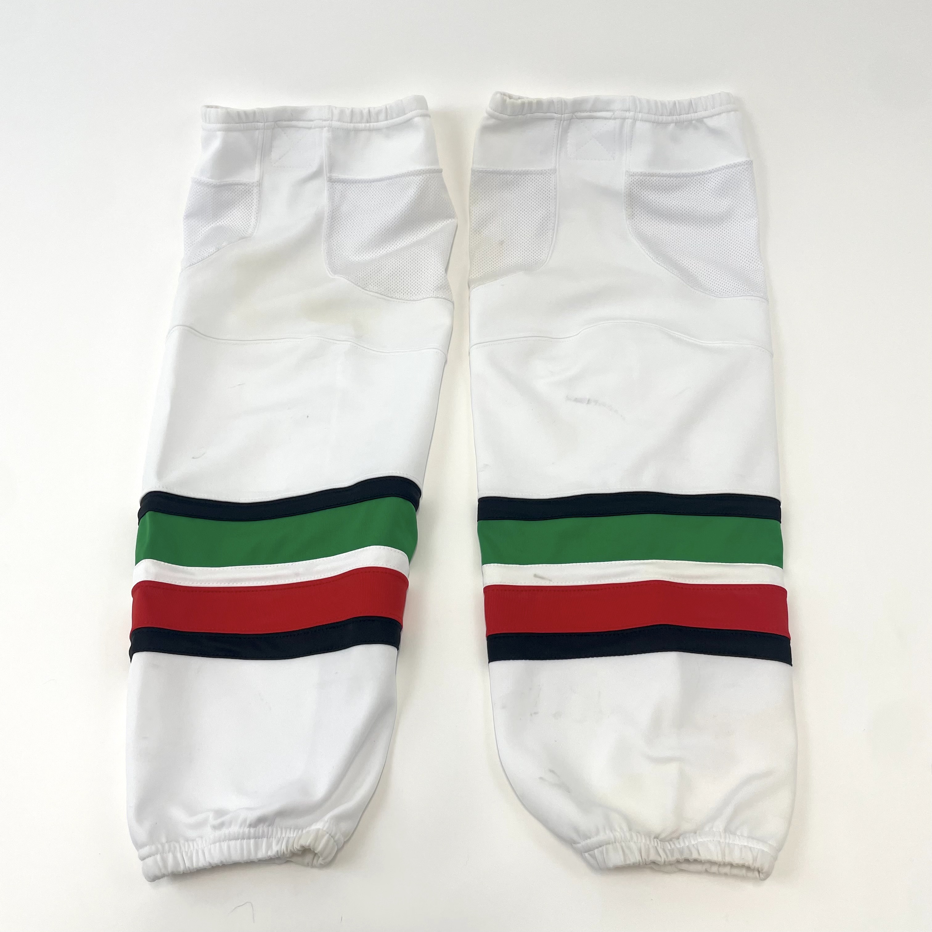 Like New White, Green, and Red Hockey Socks with Velcro Adult