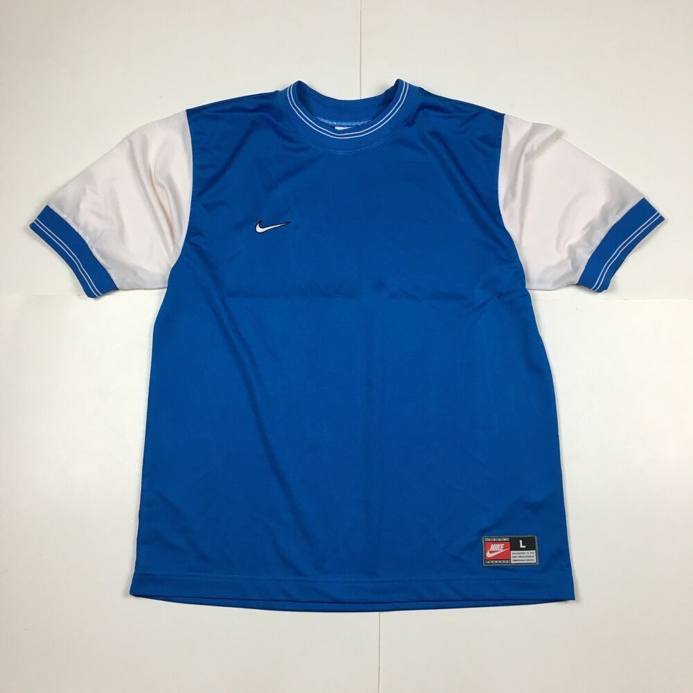 Vintage Nike Blue Soccer Jersey Mini Swoosh Logo Made in the USA White
