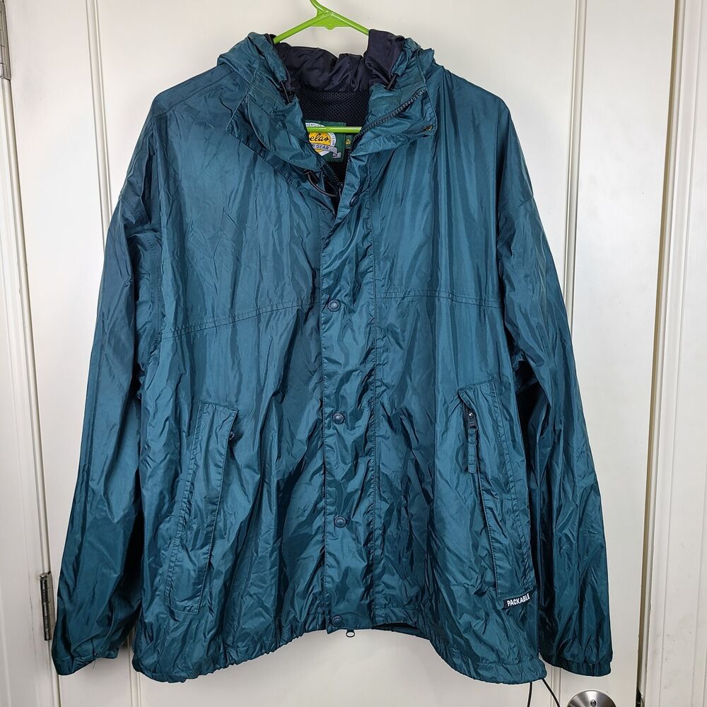 Cabela's Men's Vented Rain Jacket Green Hooded Packable Mesh Lined Size