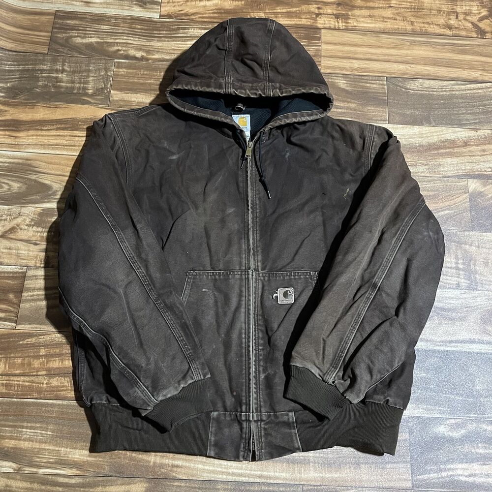 Vtg Carhartt J25 DKB Hooded Work Duck Jacket Lined Dark Brown