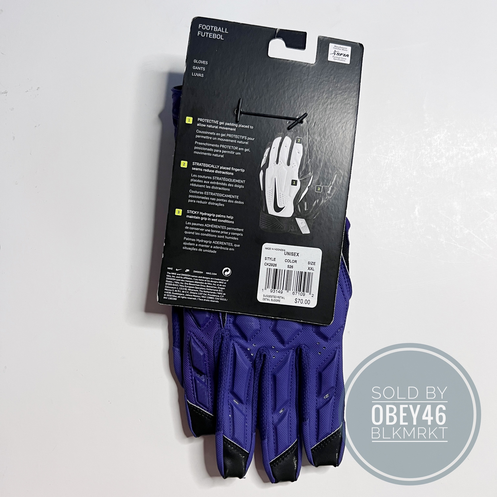 Nike DTack Lineman Padded Football Gloves Purple SidelineSwap