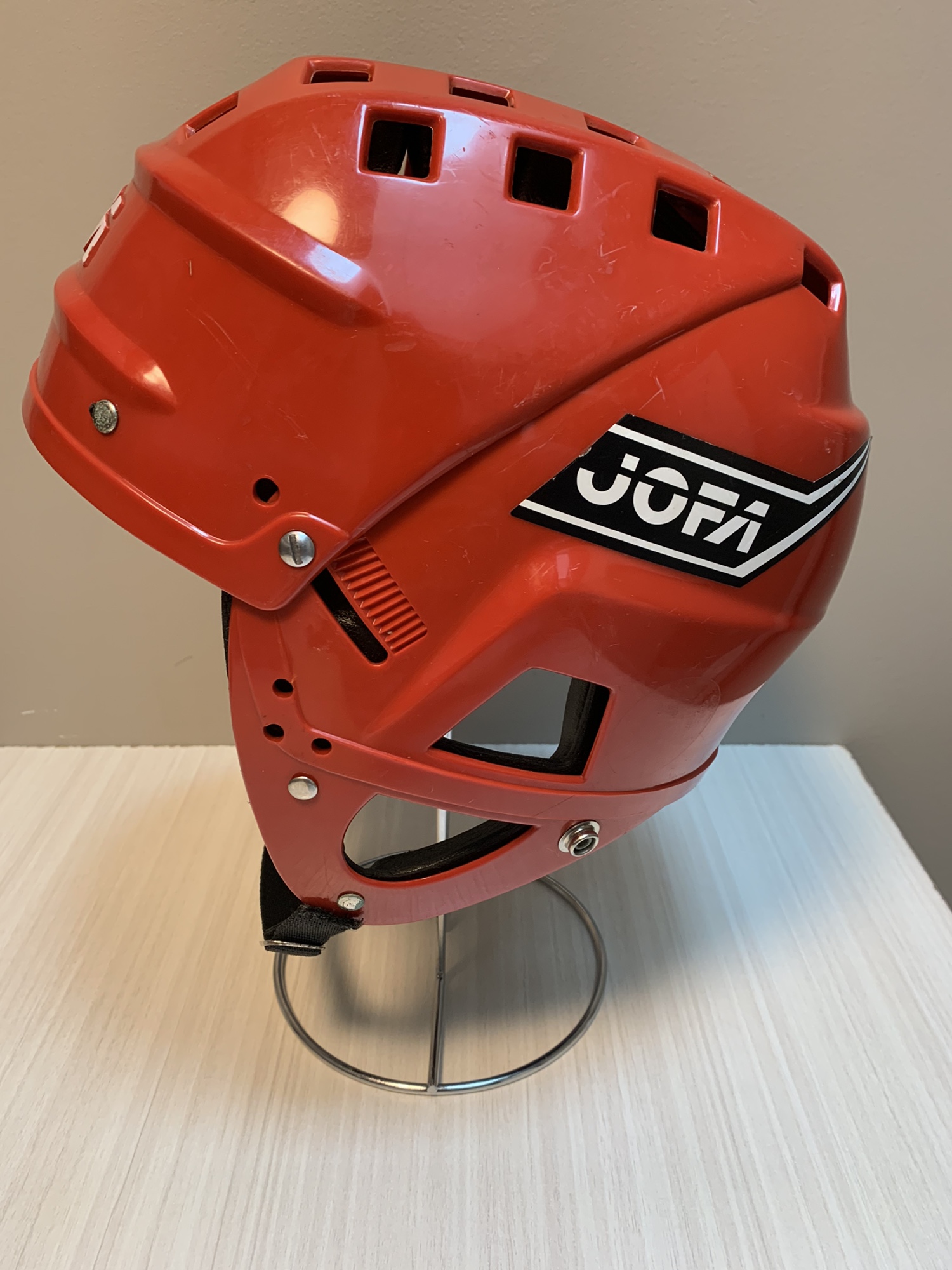 jofa-vintage-red-hockey-helmet-made-in-sweden-1980s-used-goalie-combo