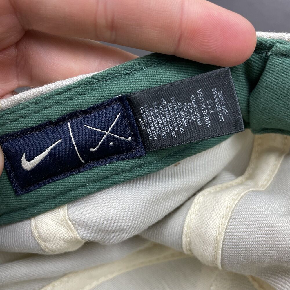 Vintage Nike Golf Cap Hat USA Made Metal Logo Back Beige Green Fitted 7