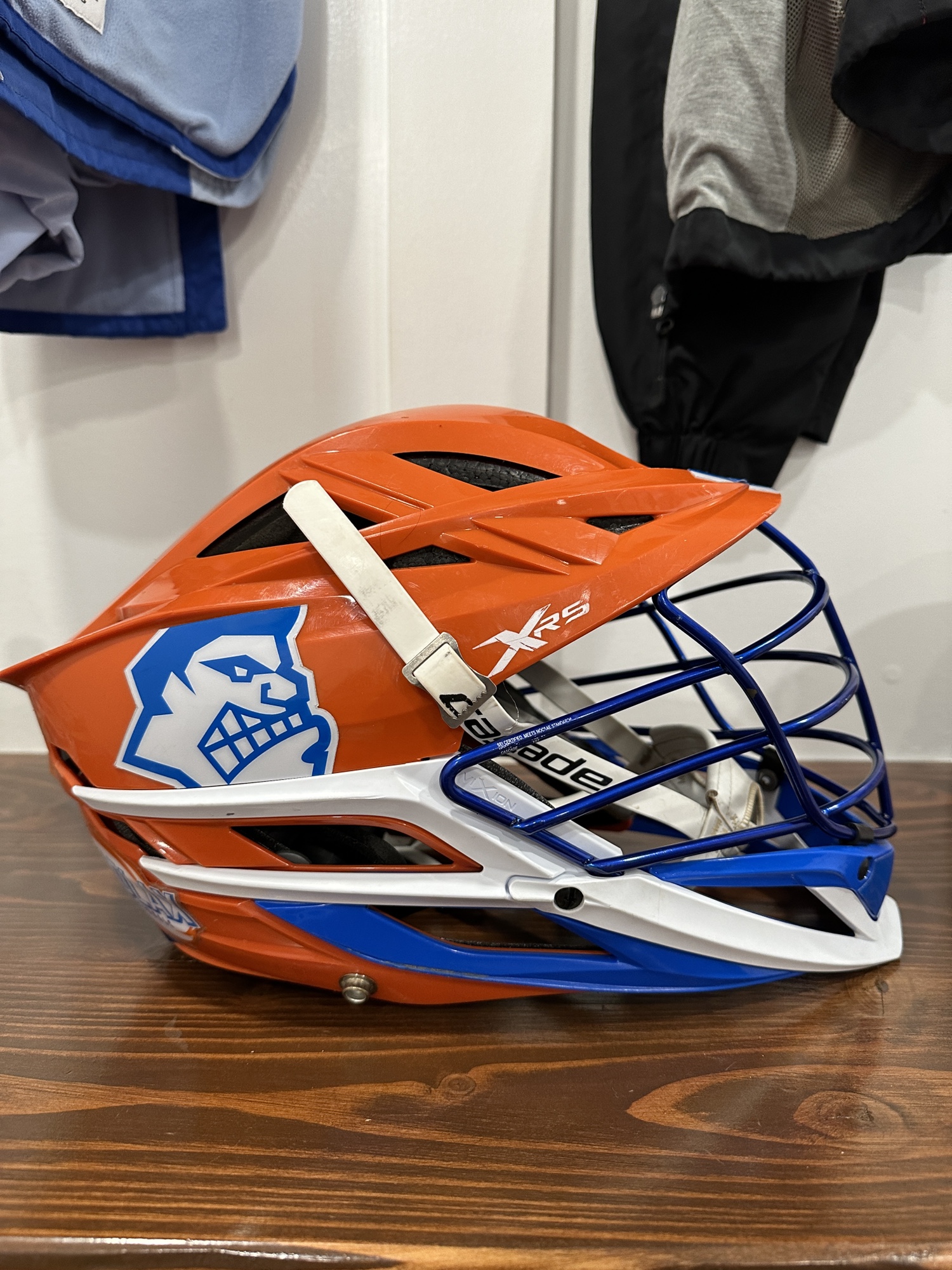 Orange Cascade XRS Helmet With Blue Chrome Face Mask. Used Only One