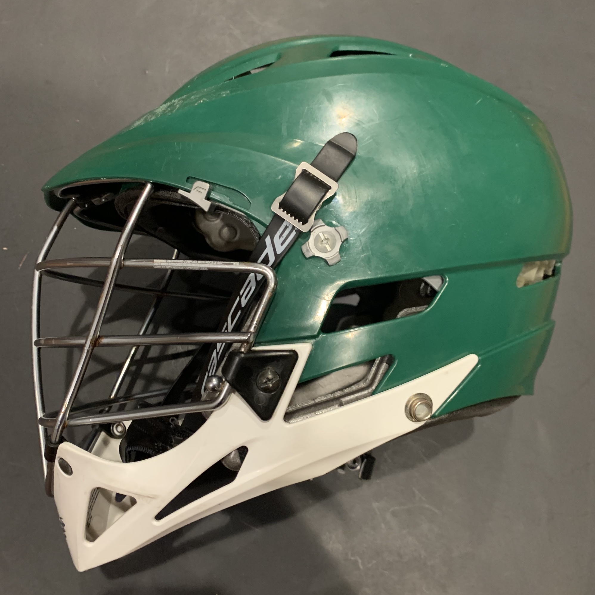 Cascade Pro7 Helmet Green Shell, White Chin, Chrome Cage PLEASE