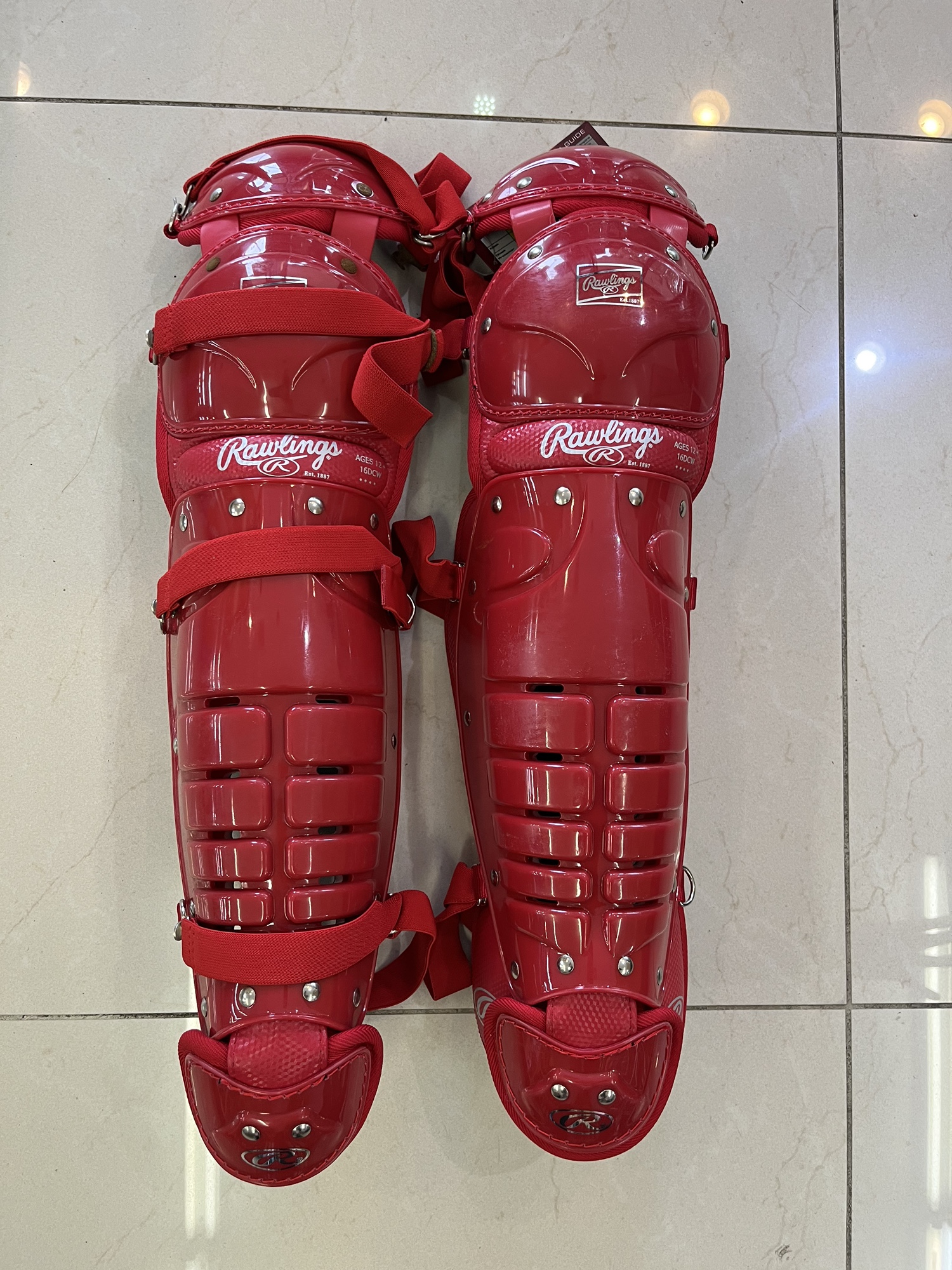 New Rawlings 16DCW Intermediate Scarlet Red Baseball Leg Guards