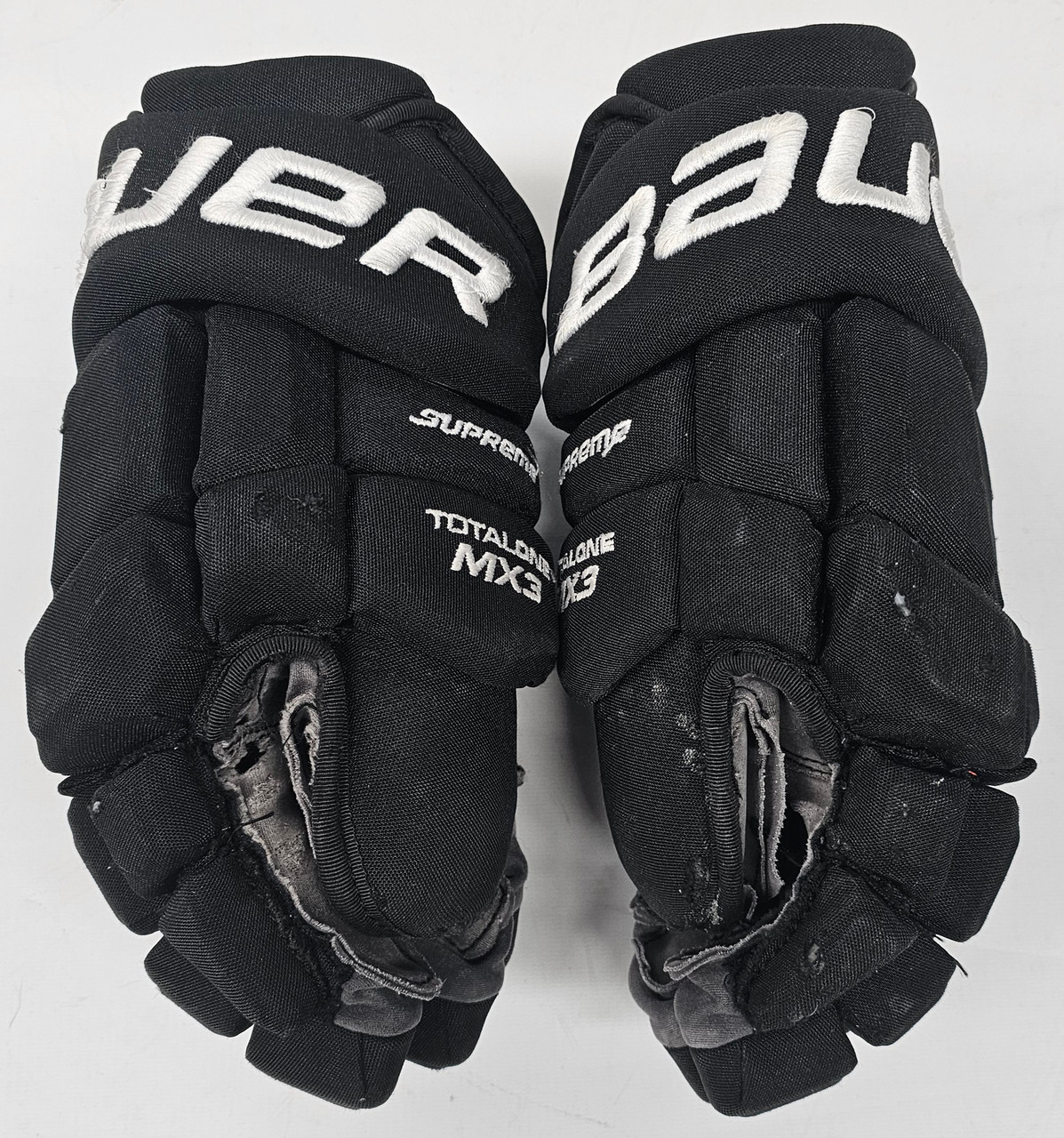 BAUER SUPREME TOTALONE MX3 PRO STOCK CUSTOM HOCKEY GLOVES 13" BLACK NHL BRUINS SPOONER USED