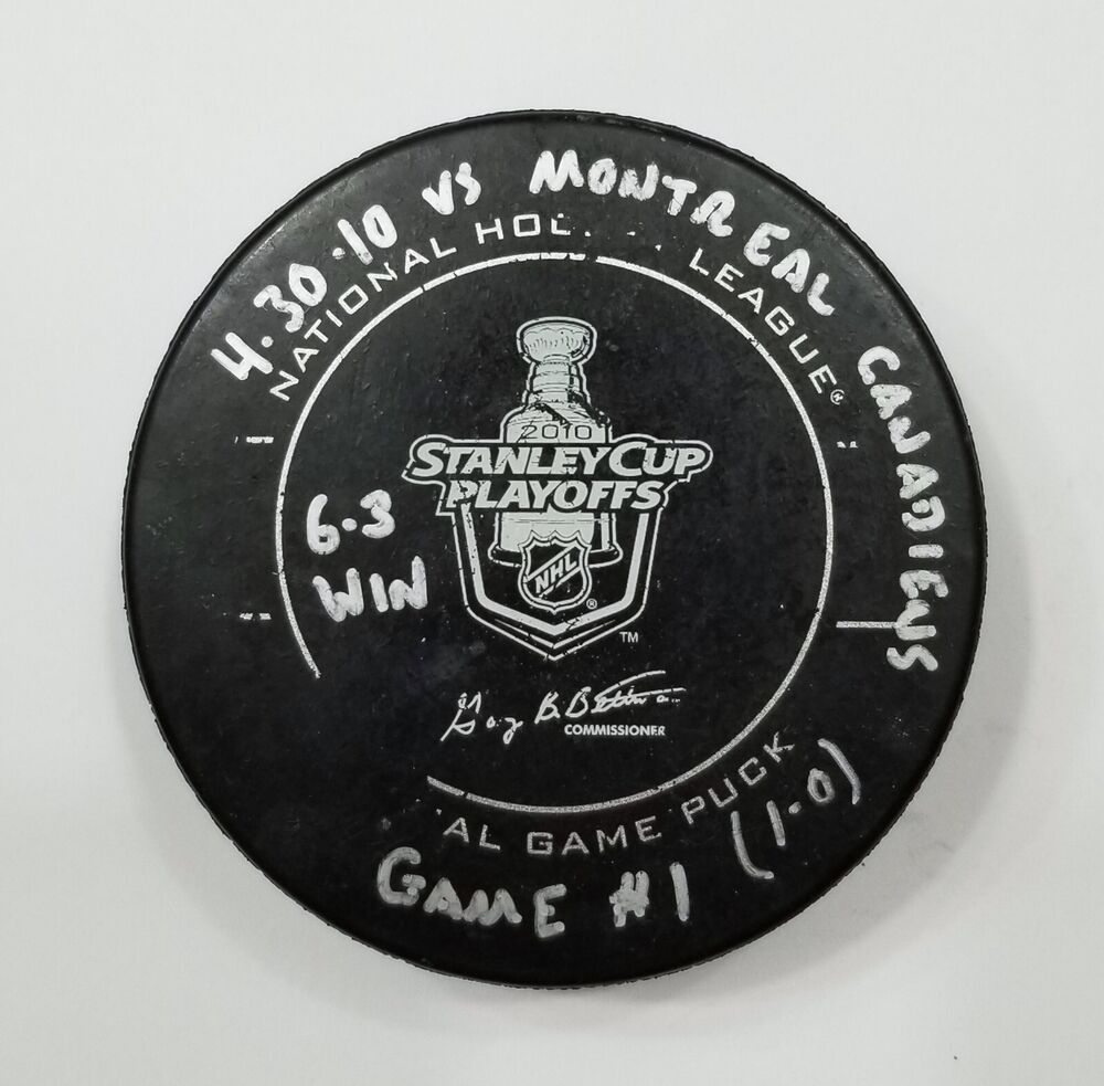 4-30-10 Playoffs Pittsburgh Penguins vs Canadiens Game Used Puck Fleury